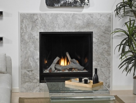 A marble, contemporary fireplace