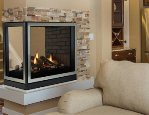 multi-sided fireplace A multi-sided fireplace next to a couch